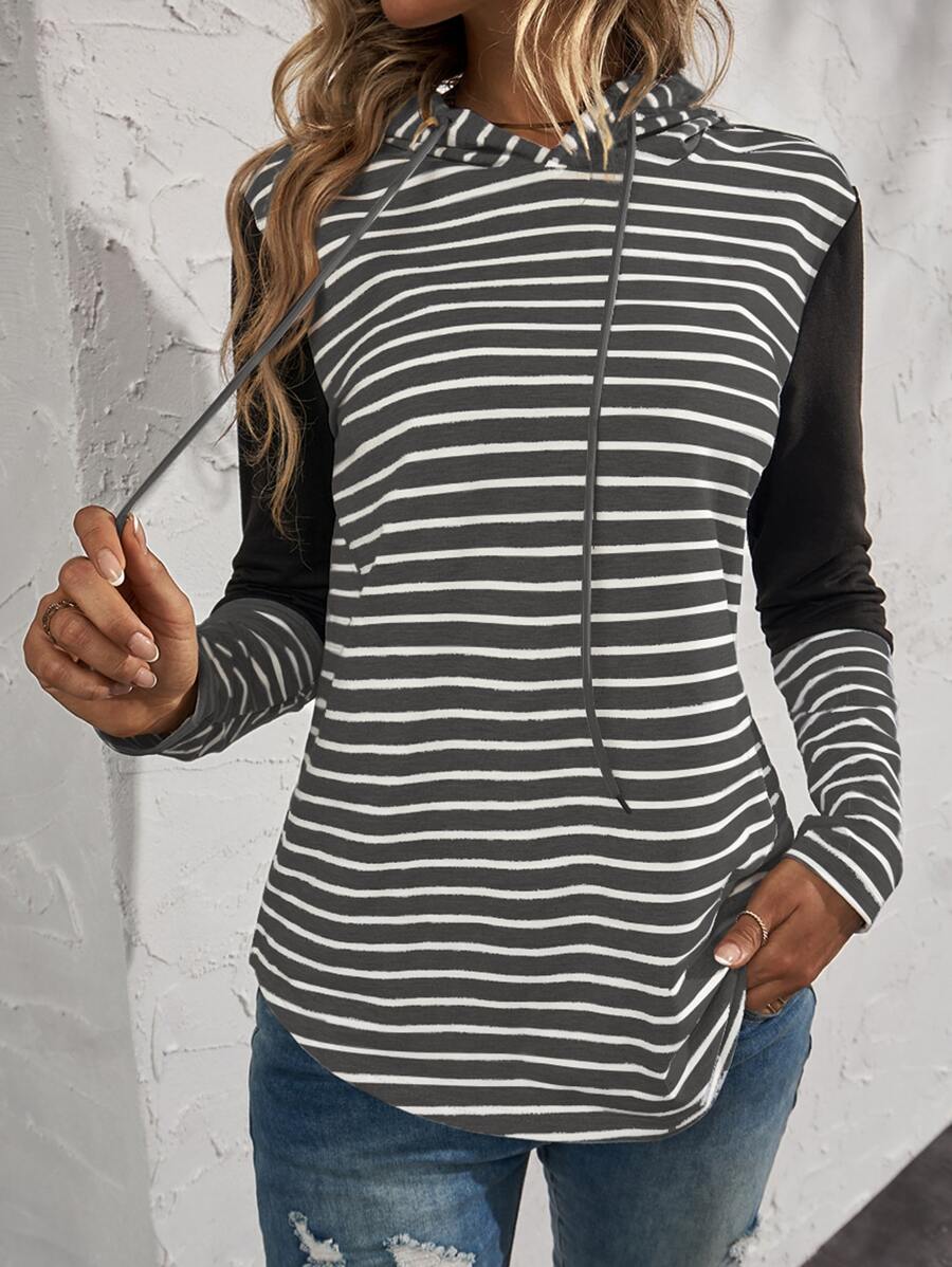 SHEIN LUNE Striped Print Drawstring Hoodie - Dark Grey - View 1