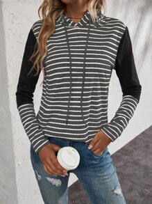 SHEIN LUNE Striped Print Drawstring Hoodie - Dark Grey - View 5