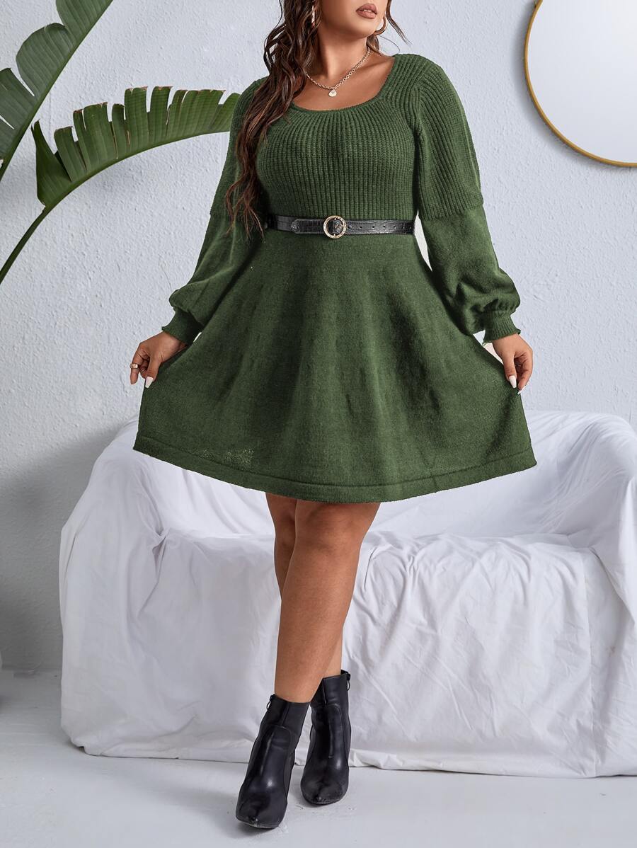 SHEIN Clasi Plus Lantern Sleeve Jumper Dress Without Belt - Army Green - View 1