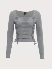 SHEIN ICON 頹廢搖滾前打結梯狀鏤空T恤 - 淺灰色 - 查看 1