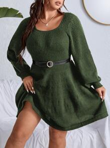 SHEIN Clasi Plus Lantern Sleeve Jumper Dress Without Belt - Army Green - View 3