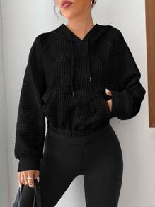 SHEIN EZwear 秋冬插肩袖抽绳连帽衫 - 黑色 - 查看 1