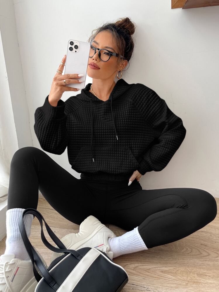 SHEIN EZwear 秋冬插肩袖抽绳连帽衫 - 黑色 - 查看 3