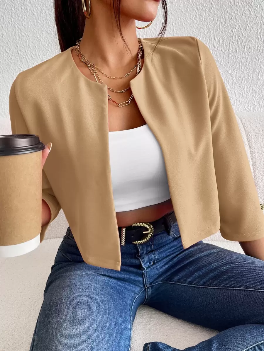 SHEIN Essnce 素色開門襟夾克 - 卡其色 - 查看 1