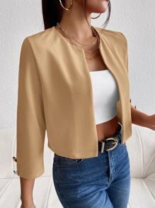 SHEIN Essnce 素色開門襟夾克 - 卡其色 - 查看 3