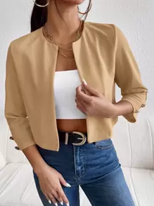 SHEIN Essnce 素色開門襟夾克 - 卡其色 - 查看 4