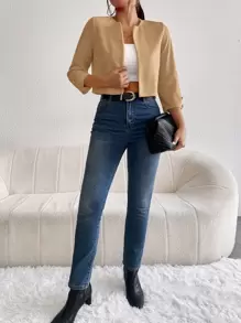 SHEIN Essnce 素色開門襟夾克 - 卡其色 - 查看 5