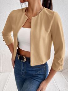 SHEIN Essnce 素色開門襟夾克 - 卡其色 - 查看 6