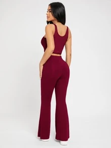 SHEIN PETITE 高腰喇叭褲 - 紫紅色 - 查看 2