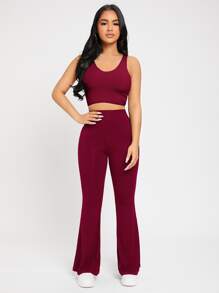 SHEIN PETITE 高腰喇叭褲 - 紫紅色 - 查看 6