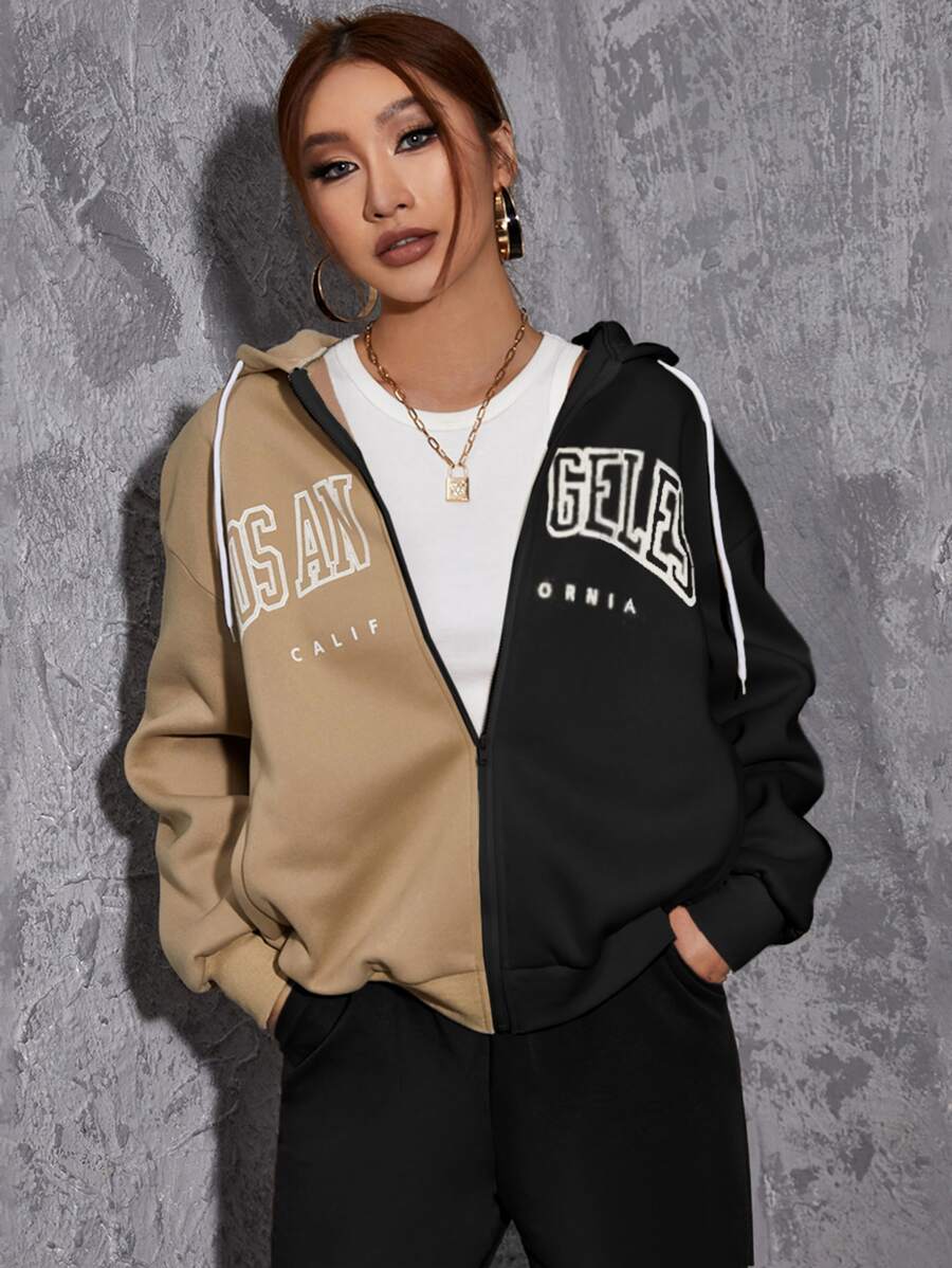 SHEIN EZwear Letter Graphic Colour Block Drop Shoulder Thermal Drawstring Hoodie - Multicolor - View 1