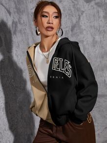 SHEIN EZwear Letter Graphic Colour Block Drop Shoulder Thermal Drawstring Hoodie - Multicolor - View 3