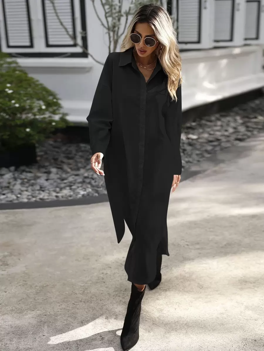 SHEIN LUNE Solid Drop Shoulder Curved Hem Shirt Dress Without Belt