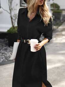 SHEIN LUNE Solid Drop Shoulder Curved Hem Shirt Dress Without Belt