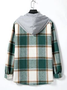 ROMWE MEN Guys Plaid Print Drawstring Hooded Shirt Without Tee - Green - View 2