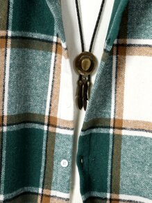 ROMWE MEN Guys Plaid Print Drawstring Hooded Shirt Without Tee - Green - View 3