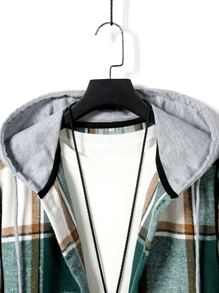 ROMWE MEN Guys Plaid Print Drawstring Hooded Shirt Without Tee - Green - View 4