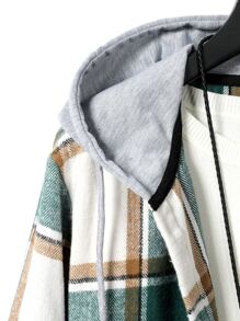 ROMWE MEN Guys Plaid Print Drawstring Hooded Shirt Without Tee - Green - View 5