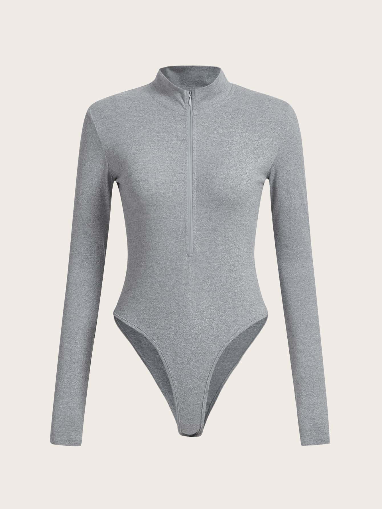 SHEIN EZwear Áo liền quần ôm nữ Dây kéo màu trơn Giải trí - Xám - Xem 1