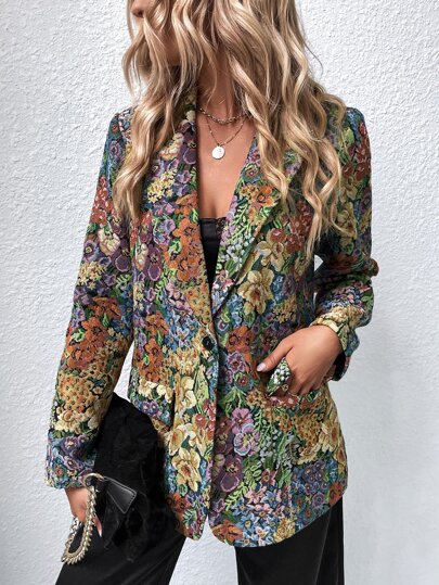 EMERY ROSE Allover Floral Print Single Button Blazer Fall Cloth For Women