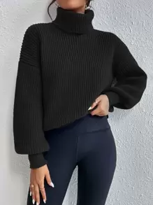 Chiquease Rib-Knit Turtleneck Drop Shoulder Sweater,Long Sleeve Tops