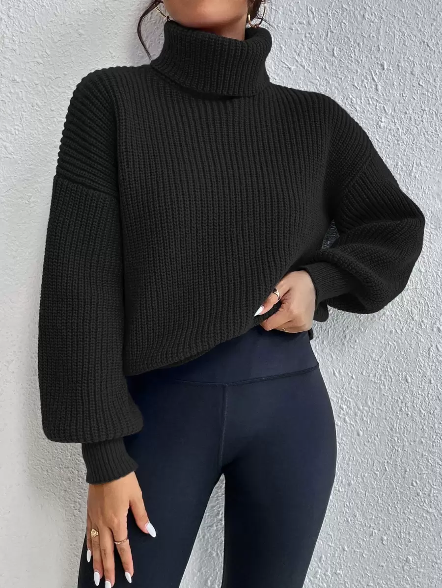 Chiquease Rib-Knit Turtleneck Drop Shoulder Sweater,Long Sleeve Tops