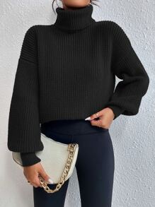 Chiquease Rib-Knit Turtleneck Drop Shoulder Sweater,Long Sleeve Tops