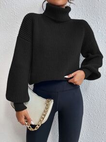 Chiquease Rib-Knit Turtleneck Drop Shoulder Sweater,Long Sleeve Tops