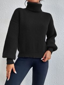 Chiquease Rib-Knit Turtleneck Drop Shoulder Sweater,Long Sleeve Tops