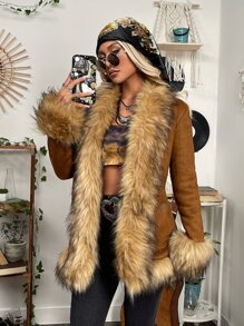 ROMWE PUNK Grunge Fuzzy Trim Open Front Suedette Coat - Brown - View 1