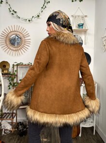 ROMWE PUNK Grunge Fuzzy Trim Open Front Suedette Coat - Brown - View 2
