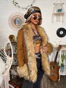 ROMWE PUNK Grunge Fuzzy Trim Open Front Suedette Coat - Brown - View 3