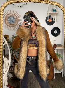 ROMWE PUNK Grunge Fuzzy Trim Open Front Suedette Coat - Brown - View 5