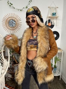 ROMWE PUNK Grunge Fuzzy Trim Open Front Suedette Coat - Brown - View 7