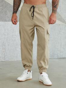 Manfinity Homme Men Plus Letter Graphic Flap Pocket Drawstring Waist Cargo Pants - Khaki - View 3