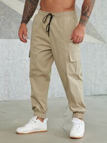 Manfinity Homme Men Plus Letter Graphic Flap Pocket Drawstring Waist Cargo Pants - Khaki - View 4