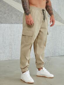 Manfinity Homme Men Plus Letter Graphic Flap Pocket Drawstring Waist Cargo Pants - Khaki - View 5