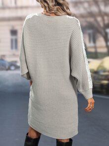 Contrast Lace Batwing Sleeve Jumper Dress Without Belt - Light Grey - View 4
