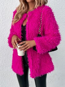 Ellegaria. 開門襟毛茸茸外套 - 玫紅色 - 查看 6