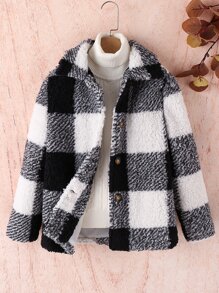 SHEIN Girls Buffalo Plaid Pattern Teddy Coat - Black and White - View 1