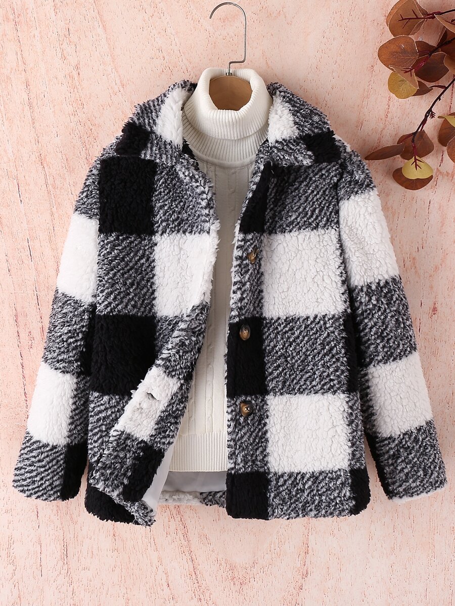 SHEIN Girls Buffalo Plaid Pattern Teddy Coat - Black and White - View 1
