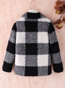 SHEIN Girls Buffalo Plaid Pattern Teddy Coat - Black and White - View 2