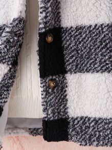 SHEIN Girls Buffalo Plaid Pattern Teddy Coat - Black and White - View 4