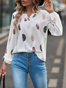 SHEIN LUNE Feather Print Notched Neck Bishop Sleeve Blouse - White - View 4