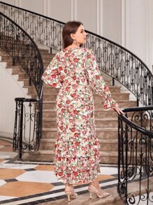 Modelyn Plus Allover Floral Print Flounce Sleeve Ruched Ruffle Hem Dress - Multicolor - View 3