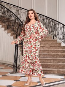 Modelyn Plus Allover Floral Print Flounce Sleeve Ruched Ruffle Hem Dress - Multicolor - View 4