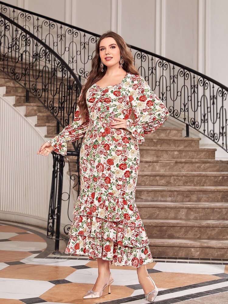 Modelyn Plus Allover Floral Print Flounce Sleeve Ruched Ruffle Hem Dress - Multicolor - View 4