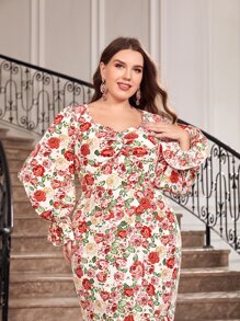 Modelyn Plus Allover Floral Print Flounce Sleeve Ruched Ruffle Hem Dress - Multicolor - View 5