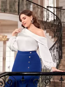 Modelyn Plus Asymmetrical Neck Lantern Sleeve Satin Blouse - White - View 2