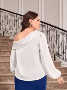 Modelyn Plus Asymmetrical Neck Lantern Sleeve Satin Blouse - White - View 3